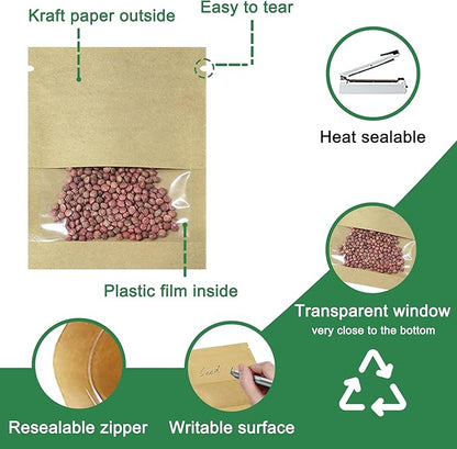 100 Pack Clear Window Resealable Small Packets (2.75x3.54 inch) Seed Coin Envelopes Writable Kraft Paper Sample Food Storage Bags for Seed Flower Vegetable Plants Garden Storage Organizer