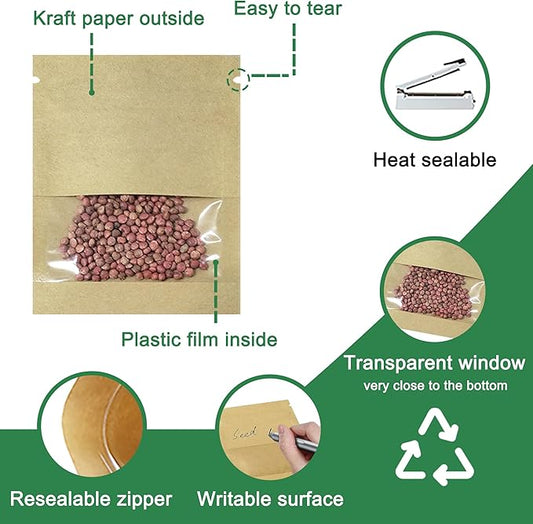 100 Pack Clear Window Resealable Small Packets (2.75x3.54 inch) Seed Coin Envelopes Writable Kraft Paper Sample Food Storage Bags for Seed Flower Vegetable Plants Garden Storage Organizer