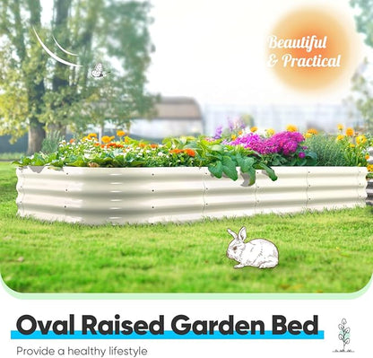 Quictent Galvanized Raised Garden Bed Kit, 6x3x1ft Oval Large Metal Outdoor Planting Box, Ground Planter Strengthened by Crossbar, Beige