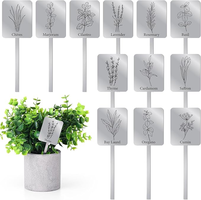 Silkfly 24 Pcs Metal Herb Label Signs 12 Style Herbs Garden Markers Waterproof Label Stakes Reusable Garden Plant Tags with Name for Indoor Outdoor Nursery Seed Flowerpot Potted Plant Flower
