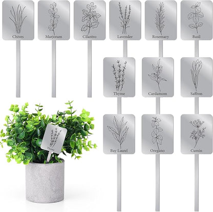 Silkfly 24 Pcs Metal Herb Label Signs 12 Style Herbs Garden Markers Waterproof Label Stakes Reusable Garden Plant Tags with Name for Indoor Outdoor Nursery Seed Flowerpot Potted Plant Flower