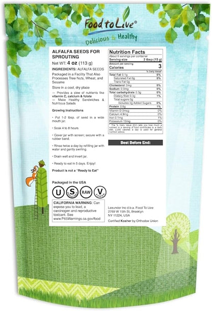Food to Live Alfalfa Seeds for Sprouting, 4 Ounces – Edible Seeds, Pure, Vegan, Kosher, Bulk. Rich in Vitamin K & C. High Germitation Rate. Grow Sprouts, and Microgreens for Salad, Sandwiches, Rolls.
