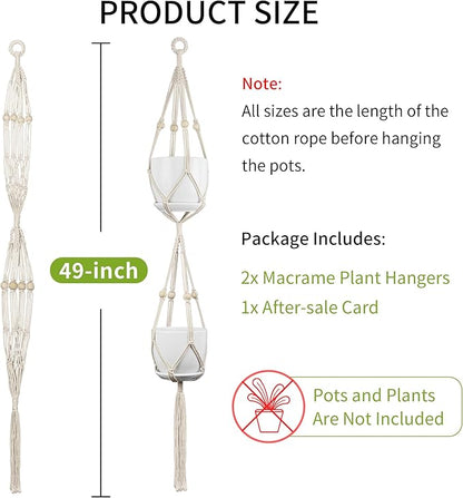 Macrame Plant Hanger - Fits 4 to 8 inches Pots for Indoor Outdoor, 49 Inch, Set of 2, Ivory (POTS NOT Included)