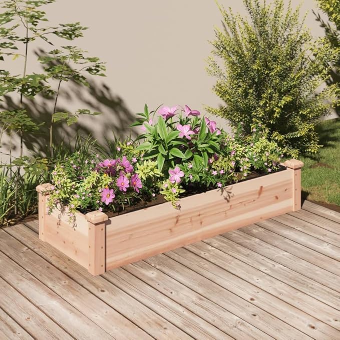 vidaXL Solid Fir Wood Raised Garden Bed-Rectangular Planter with Liner for Outdoor/Patio, 47" x 18" x 10", Brown Natural, Open Bottom, Assembly Req.