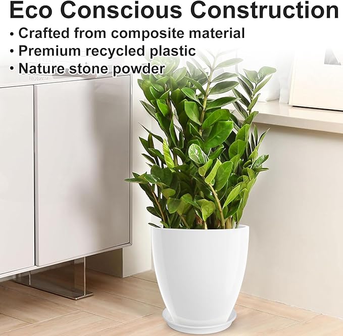 GameXcel Flower Pot Indoor - Outdoor Plant Pot - White Glossy Planter - Elegant Ceramics Imitation - 12" Diameter 12" Tall with Drainage Holes and Saucer