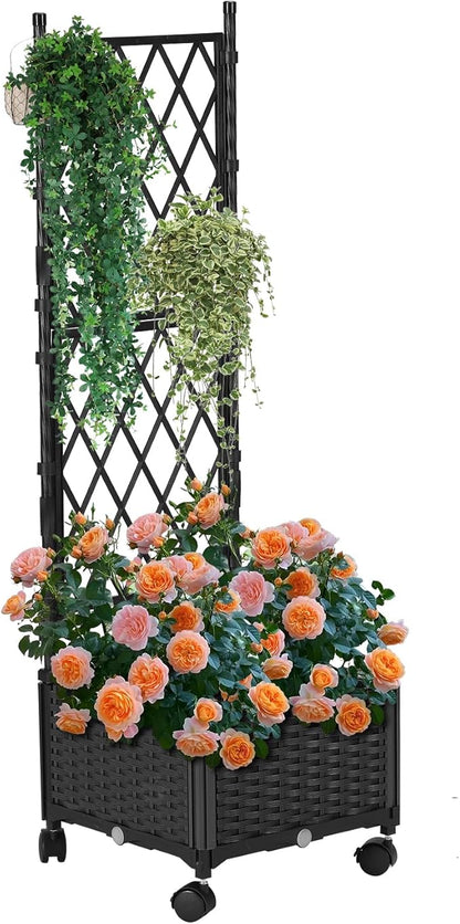 Planter with Trellis Raised Garden Beds, Trellis Planter Box Outdoor Self-Watering for Gardening, Climbing Vegetables, Flowers, Balcony Backyard Patio, Black,1PC