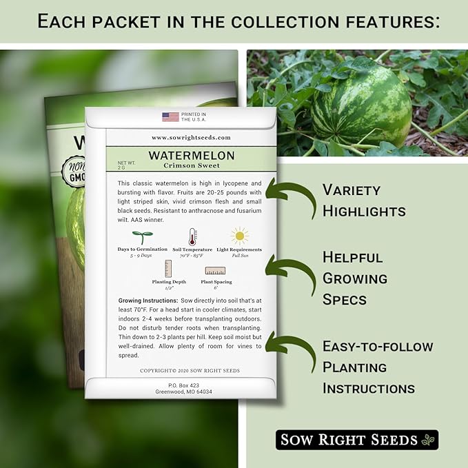 Sow Right Seeds - Watermelon Fruit Seeds Collection for Planting - Crimson Sweet, Allsweet, Sugar Baby, Tendersweet, and Orangeglo Melons - Non-GMO Heirloom Seeds to Plant a Home Vegetable Garden