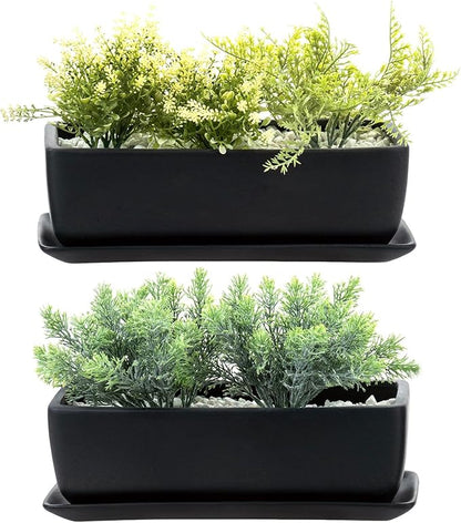 MyGift Matte Black Ceramic Indoor Plant Pot Succulent Planter, Decorative Flower Planter with Drainage Hole and Removable Tray (14 inch - 2 Pack)