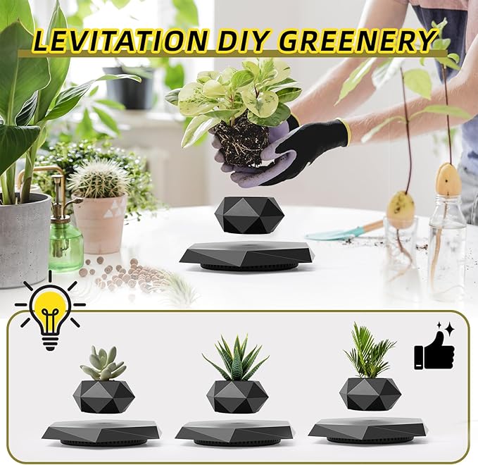 Levitating Plant Pot, Magnetic Levitation Flower Pot Suspension Floating Plant Succulents, Air Bonsai Potted Plant for Home Decoration, Living Room, Office, Desk (Black)