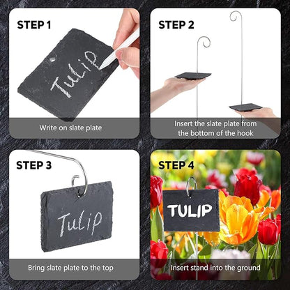 Leifide 24 Sets Plant Labels, Reusable Slate Plant Markers Natural Weatherproof Garden Signs Waterproof Hanging Slate Planter Tags with Metal Stakes and Stone Chalks for Vegetable Flower Pot