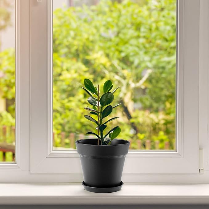 10 Pack Plastic Plant Pots with Drainage Holes and Tray, 5 inch Thickened Indoor Planters Seedlings Nursery Pots for Flowers, African Violet, Succulent and All House Plants, Black