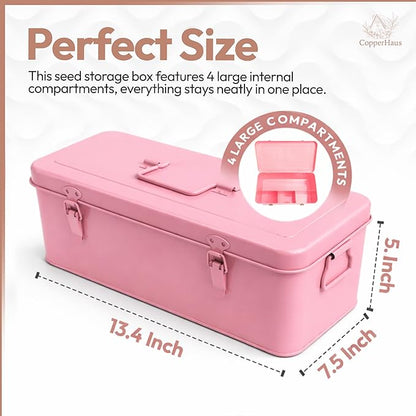 Seed Storage Organizer –Waterproof Metal Seed Box with Storage Bags, Dividers, 4 Compartments with Lid and Safety Locks , Portable Side Handles, Perfect for Garden Seeds, Lables & Tools -Matte Pink