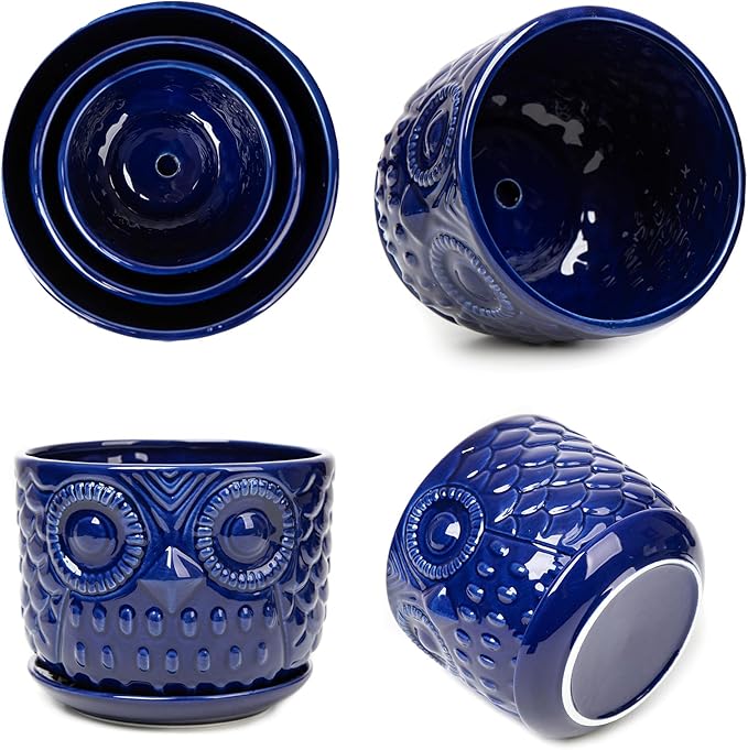 Ceramic Flower Pots, Ceramic Planters with Drainage Hole and Saucer, Modern Round Indoor Succulent Planters with Owl Design, Small to Medium-Sized, Set of 3, Navy Blue