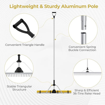 Goplus Floating Weed Lake Rake, 36" Aluminum Multifunctional Detachable Landscape Rake with Extension Handle, 20 FT Rope and Float, Weed & Algae Removal of Leaves, Floating Scum, Aquatic