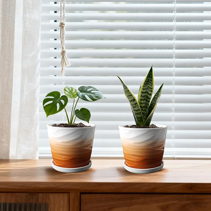 6 Inch Plant Pot,Ceramic Planter with Drainage and Saucer,Ceramic Pots for Plants,Indoor Plant pots,planters for Indoor Plants(6.7 in Diameter,2 Pack)