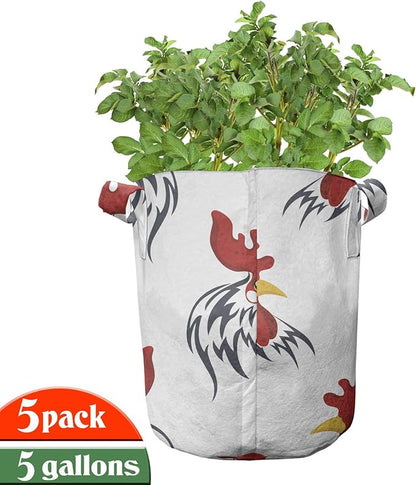 Ambesonne Rooster Grow Bags 5-Pack, Farm Animal Head Symbols, Heavyduty Fabric Pots with Handles for Plants, White Vermilion