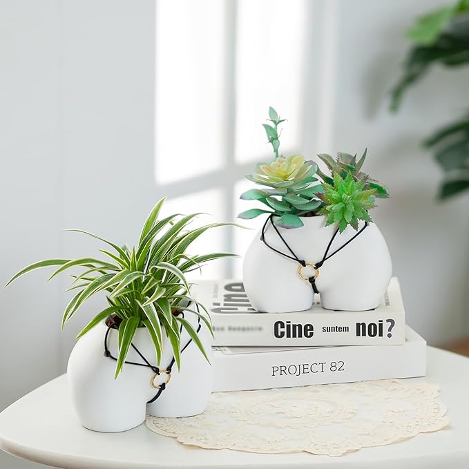 Funny Planter Gift for Plant Lovers: Cute Hanging Plant Pot for Outdoor Indoor Plants - Resin White Vase Succulents Pots with Rope