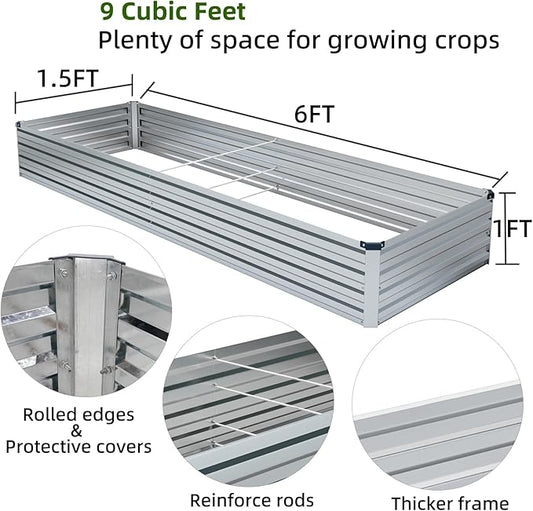 2 Pack 6x1.5x1FT Galvanized Raised Garden Bed Kit, Outdoor Metal Planter Box for Vegetables, Bottomless Rectangular Gardening Bed with Support Rods, Tool-Free Assembly, Silver