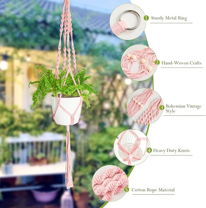 XXXFLOWER 3 Pack Macrame Plant Hanger Indoor Set with Hooks Handmade Woven Cotton Rope Flower Pot Crochet Plant Holder Stand Boho Plant Decor Hanging Planter Baskets Set of 3 with Beads Pink