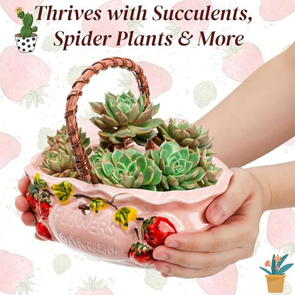 2 Pack Ceramic Succulent Planters, 7 Inch Shallow Bonsai Plant Pot with Handle Drainage Hole, Flower Container Bowl for Cactus Tree, Indoor Outdoor Office Decor, Strawberry Pattern