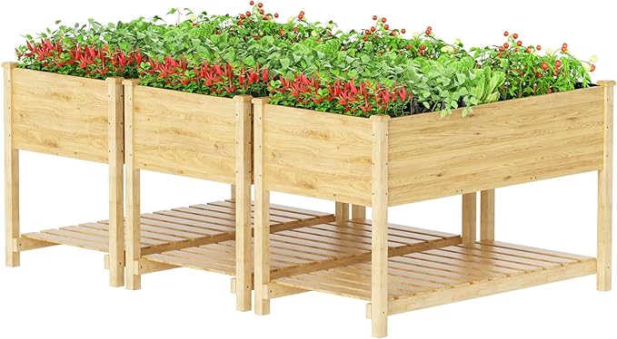 Kullavik 3 pcs Raised Garden Bed with Legs,Outdoor Elevated Cedar Wood Planter Box with Storage Shelf for Vegetables/Flowers/Herbs in Balcony/Backyard/Patio,220lb Capacity-Natural