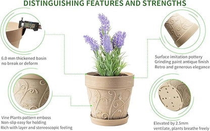 Melphoe Plant Pots Indoor with Drainage & Saucer, 2Pack 8 inch Flower Pots Outdoor Planters for Indoor Plants Garden Home Decor Cactus Succulent, Rigid Plastic (Imitation-Terracotta) Vine-Embossed