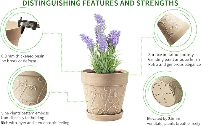 Melphoe Plant Pots Indoor with Drainage & Saucer, 2Pack 7/8 inch Flower Pots Outdoor Planters for Indoor Plants Garden Home Decor Cactus Succulent, Rigid Plastic (Imitation-Terracotta) Vine-Embossed