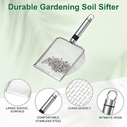 1-Pack Gardening Soil Sifter, 3.8 mm Mesh Stainless Steel Sand Soil Compost Sieve with Stainless Steel Handle for Sand/Dirt/Rock Compost, Screen Potting Scoop [Silver Tone]