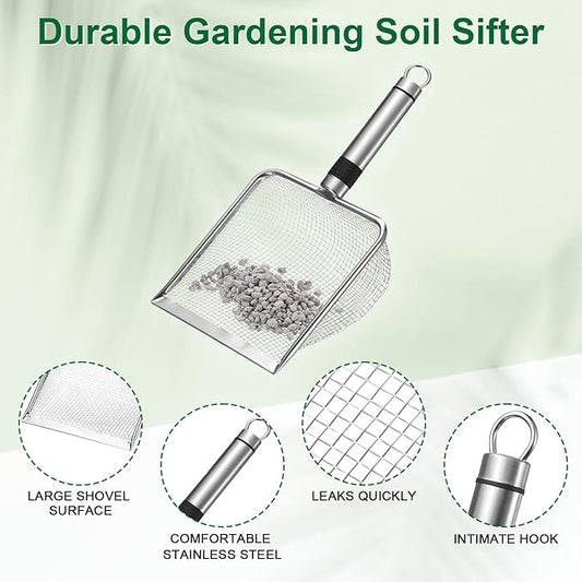 1-Pack Gardening Soil Sifter, 3.8 mm Mesh Stainless Steel Sand Soil Compost Sieve with Stainless Steel Handle for Sand/Dirt/Rock Compost, Screen Potting Scoop [Silver Tone]