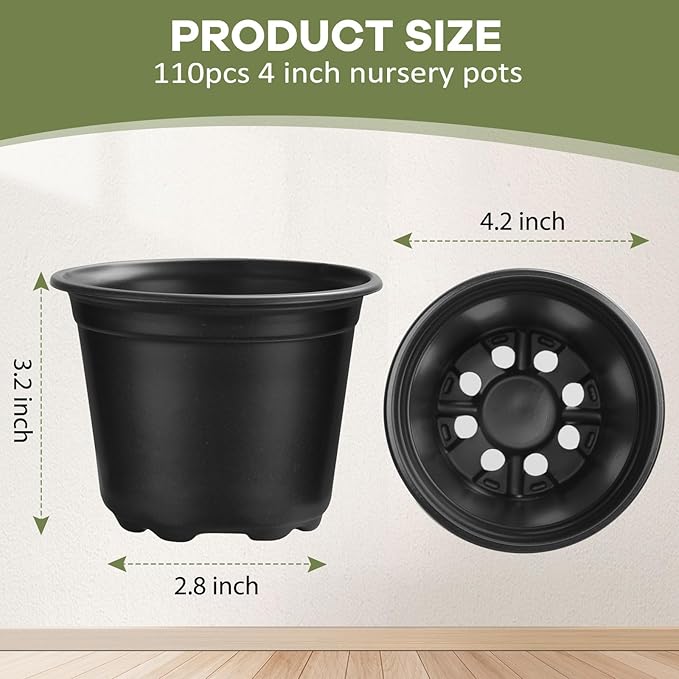 4 5 6 Inch Nursery Pots, 110 Packs Plastic Plant Pot with Drainage Hole, Seedling Starter Pots for Succulents (4 Inch)