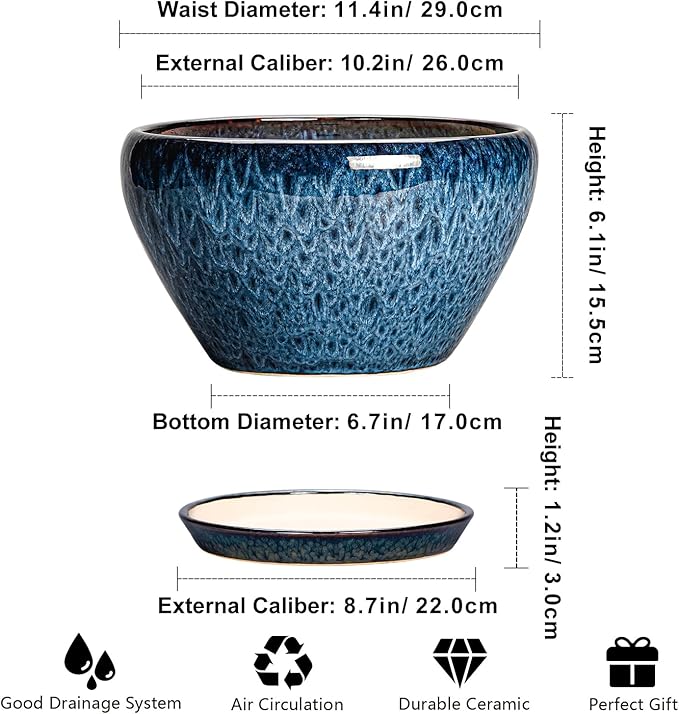 Ceramic Planter 11 Inch - Ceramic Pots for Plants Indoor Outdoor, Large Plant Pot with Drainage Hole and Saucer, Decorative Round Planter, Plant Lover Gifts, Garden Decor, Blue