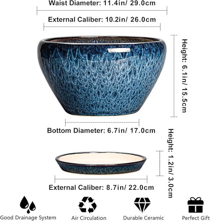 Ceramic Planter 11 Inch - Ceramic Pots for Plants Indoor Outdoor, Large Plant Pot with Drainage Hole and Saucer, Decorative Round Planter, Plant Lover Gifts, Garden Decor, Blue
