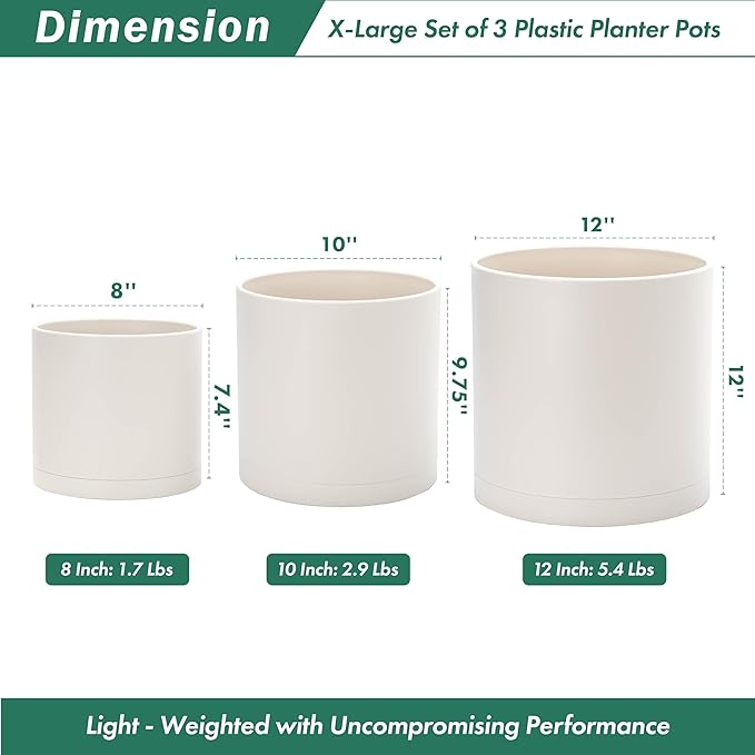 D'vine Dev 8 Inch 10 Inch 12 Inch, Set of 3 Plastic Planter Pots for Plants with Drainage Hole and Seamless Saucers, Oatmeal, X-Large, 74-V-H-5