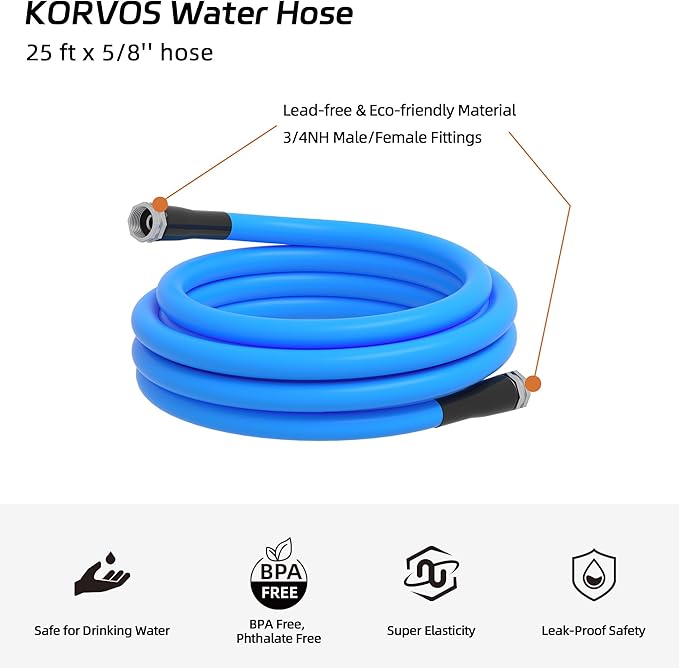 KORVOS 25FT RV Fresh Water Hose,No Kinking Premium Drinking Water Hose,Garden Lead-In Hose 5/8 In, Heavy Duty, Lightweight, Drinking Water Safe