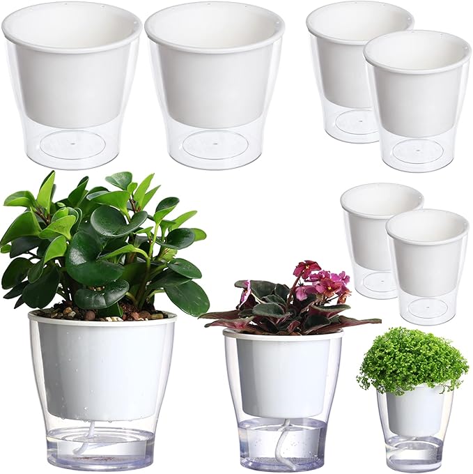 6 Pakcs Self-Watering Planters for Indoor Plants 7"/ 5.1"/ 4.3" Clear African Violet Pots Plastic Orchid Pots Wick Flower Pots, Large, Medium and Small Sizes, Home Decor Pot