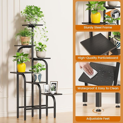 6 Tier Plant Stand Indoor, Plant Shelf for Multiple Plants, Flower Pot Holder Shelf, Planter Display Rack for Patio Garden Balcony Living Room Bedroom Decor, Black