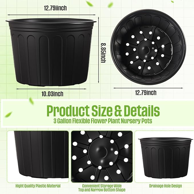 20 Pcs 5 Gallon Plant Nursery Pots Bulk Plastic Planter Flexible Flower Seedlings Pot with Drainage Hole Thickened Seed Starting Container for Flower Succulents Cuttings Transplanting