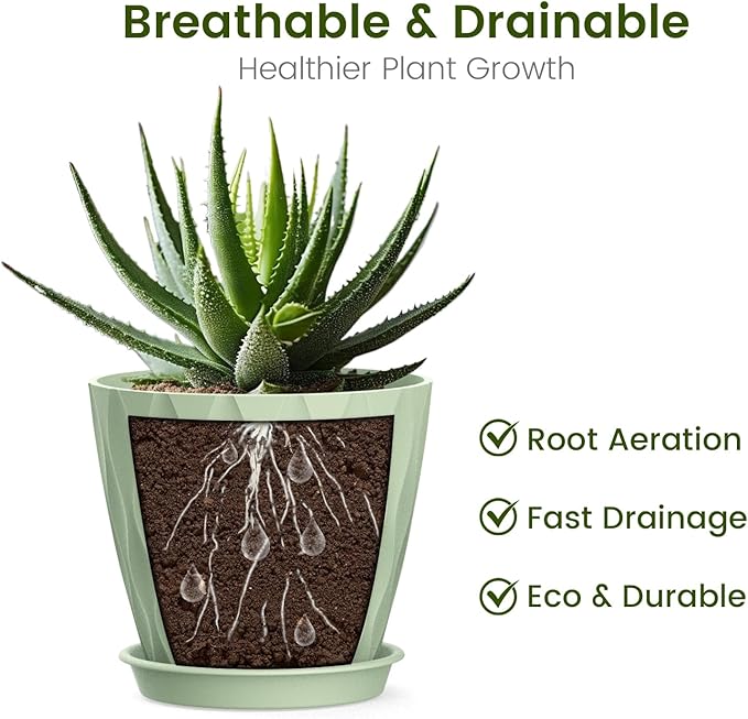 4 Inch Small Pots for Plants, 6 Pack Waffle Texture Small Plant Pots for Succulents, Plastic Planter with Drainage Holes and Saucers for Indoor Outdoor Plants, Flowers, Herbs, Seedlings, Green