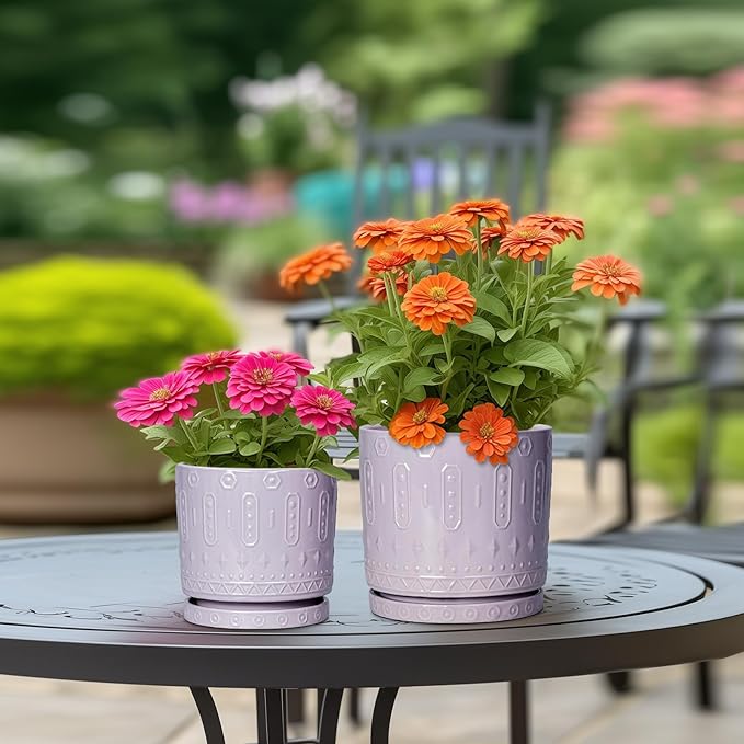 Ceramic Flower Pots, 8 Inch Plant Pots Indoor Outdoor, Round Planter with Drainage Hole and Tray, Boho Planter, Decorative Pot for Plants, Apartment Decor, House Warming Gifts, Purple