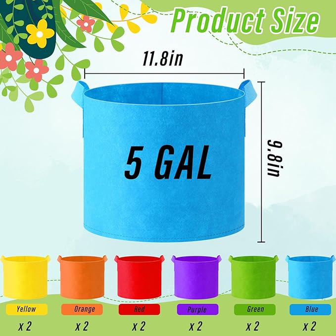 12 Pcs Multicolor Plant Grow Bags Large Grow Bags Fabric Planter Thickened Non Woven Fabric Pots with Handles for Indoor Outdoor Garden Planting Seeds Flower, 6 Colors (5 Gallon)