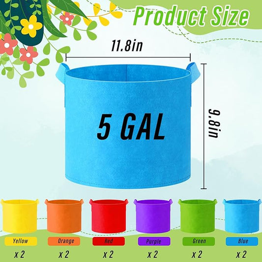 12 Pcs Multicolor Plant Grow Bags Large Grow Bags Fabric Planter Thickened Non Woven Fabric Pots with Handles for Indoor Outdoor Garden Planting Seeds Flower, 6 Colors (5 Gallon)