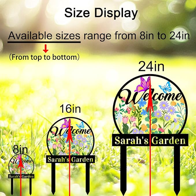 Personalized Multicolored Flowers Garden Sign with Stakes, Custom Metal Colorful Butterfly Flower Garden Stake Welcome Sign, Customized Text Outdoor Decor Yard Signs Plaque for Gardener Mom