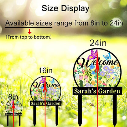 Personalized Multicolored Flowers Garden Sign with Stakes, Custom Metal Colorful Butterfly Flower Garden Stake Welcome Sign, Customized Text Outdoor Decor Yard Signs Plaque for Gardener Mom