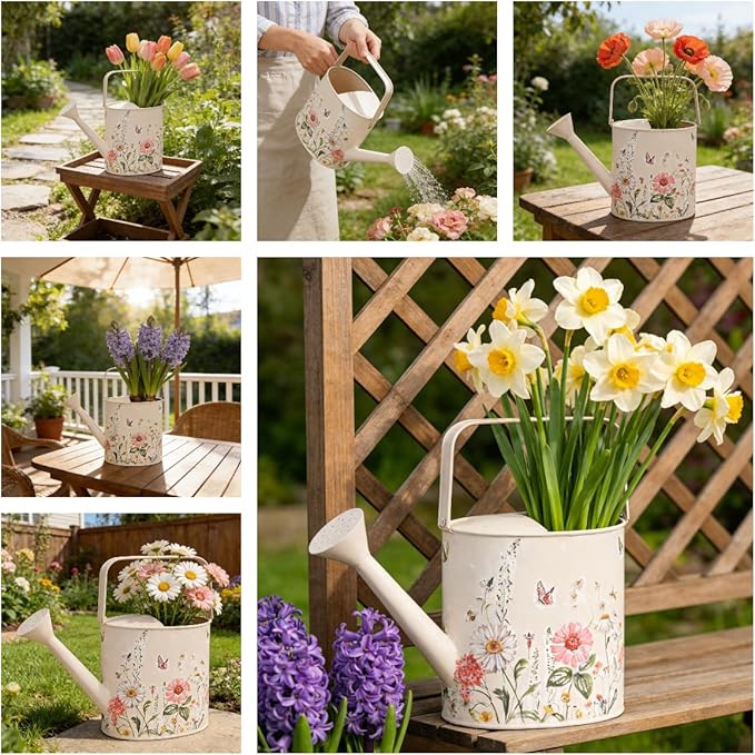 Vintage Floral Metal Watering Can for Indoor/Outdoor Plants, Pink Functional Garden Waterer with Long Spout, Garden Water Pot Rustic Decor for Home Garden Patio
