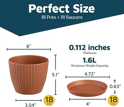 Terracotta 6-Inch Plant Pots with Drainage & Saucers 18 Pack, Indoor & Outdoor Planters for Houseplants, Herbs, and Flowers, Durable & Weatherproof Material, Stackable, Lightweight, Minimalist Design