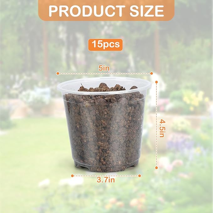 15 Pack Clear Nursery Pots with Drainage Holes, 5 Inch Seed Starting Plastic Plant Pots, Transparent Variety Pack Flexible Garden Pot for Outdoor Indoor (Clear, 5 Inch)