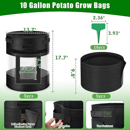 5 Pack 10 Gallon 360° Visible Potato Grow Bags with Shading Flap & Harvest Window – Heavy Duty 400g Non-Woven Fabric Potato Bags for Growing Potatoes with 10 Green Labels, Potato Growing Containers