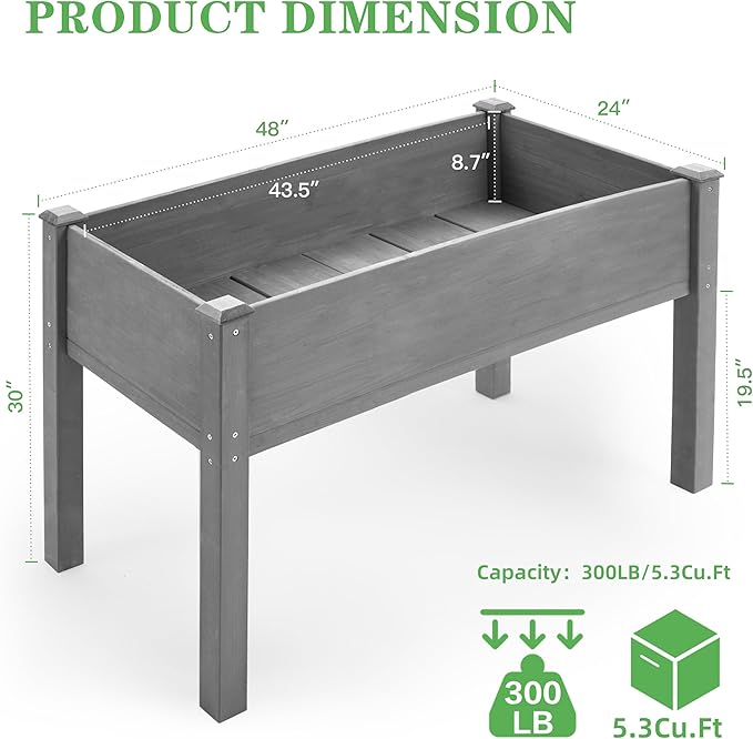 48×24×30 Inch Raised Garden Bed with Legs, Solid Wood Elevated Planter Box Stand with Liner for Outdoor Patio, Backyard & Balcony
