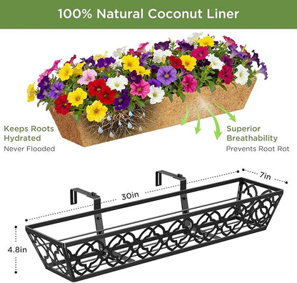 Y&M 4pcs 30" Horse Trough Window Boxes with Coconut Coir Liner, Black Metal Hanging Flower Planter Deck Railing Planter Boxes for Outdoor Indoor
