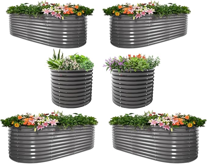 A ANLEOLIFE 6-Piece 30 Inch Extra Tall Galvanized Raised Garden Beds Kit, Large Oval & Round Metal Planters – Ideal for Backyard Vegetables Flowers Herbs, Quartz Grey